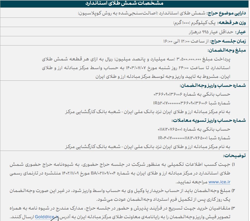 حراج شمش طلا امروز برگزار می‌شود